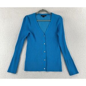 Boston Proper Cardigan Womens Medium Blue Ribbed Button-Up V-Neck Stretch LS